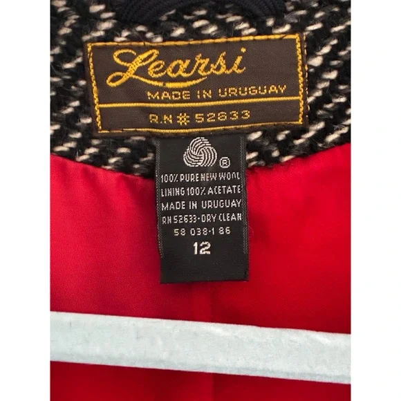 VTG Learsy 100% Wool Herringbone Coat Black White Red Lining Made in Uruguay 12 - Picture 12 of 16